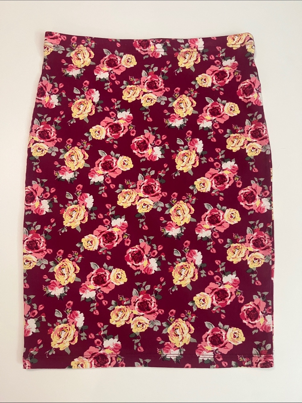 Forever 21 Burgundy Floral Pencil Skirt with Yellow & Pink Roses